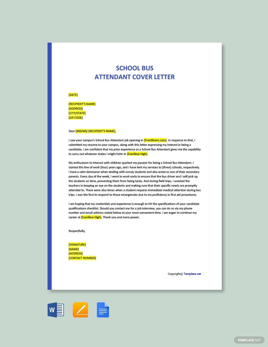 School Bus Attendant Cover Letter in Word, Google Docs, PDF, Apple Pages