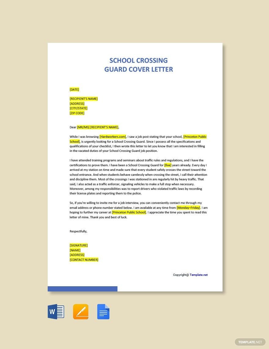 School Crossing Guard Cover Letter in Word, Google Docs, PDF, Apple Pages