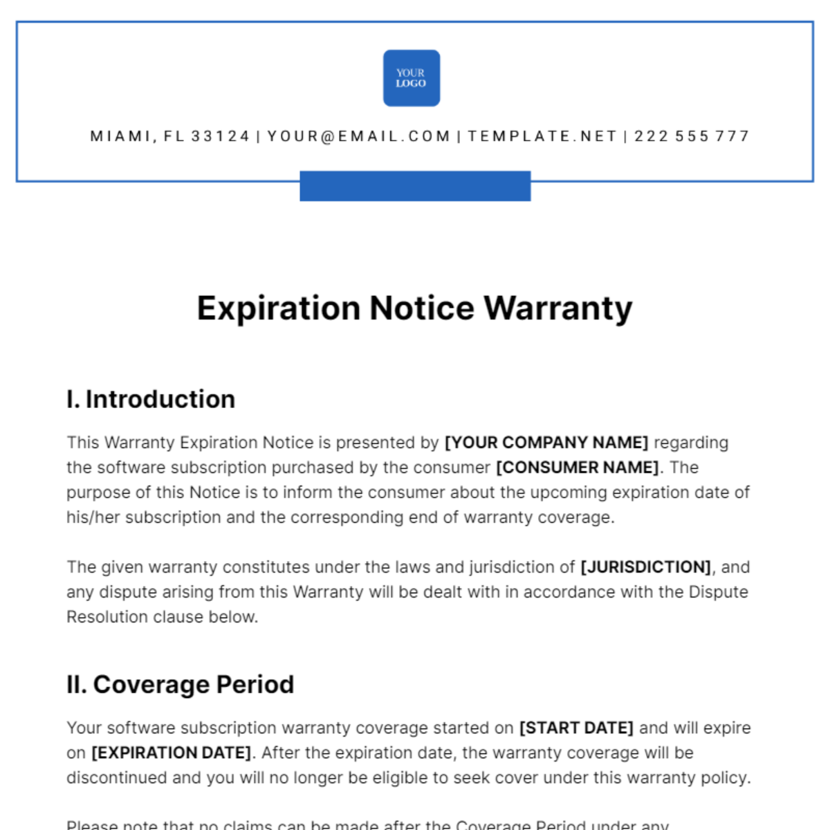 Expiration Notice Warranty Template