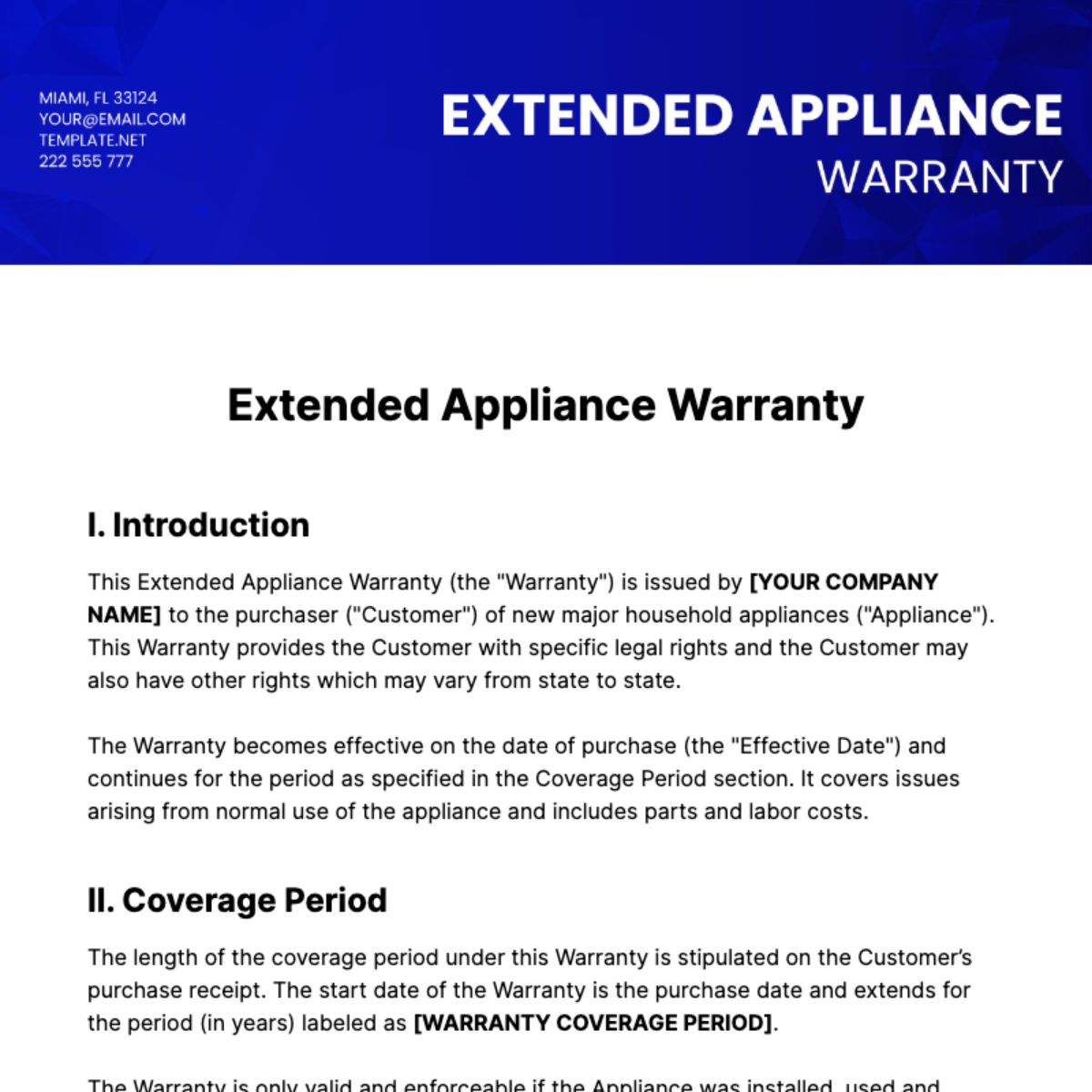 Extended Appliance Warranty Template