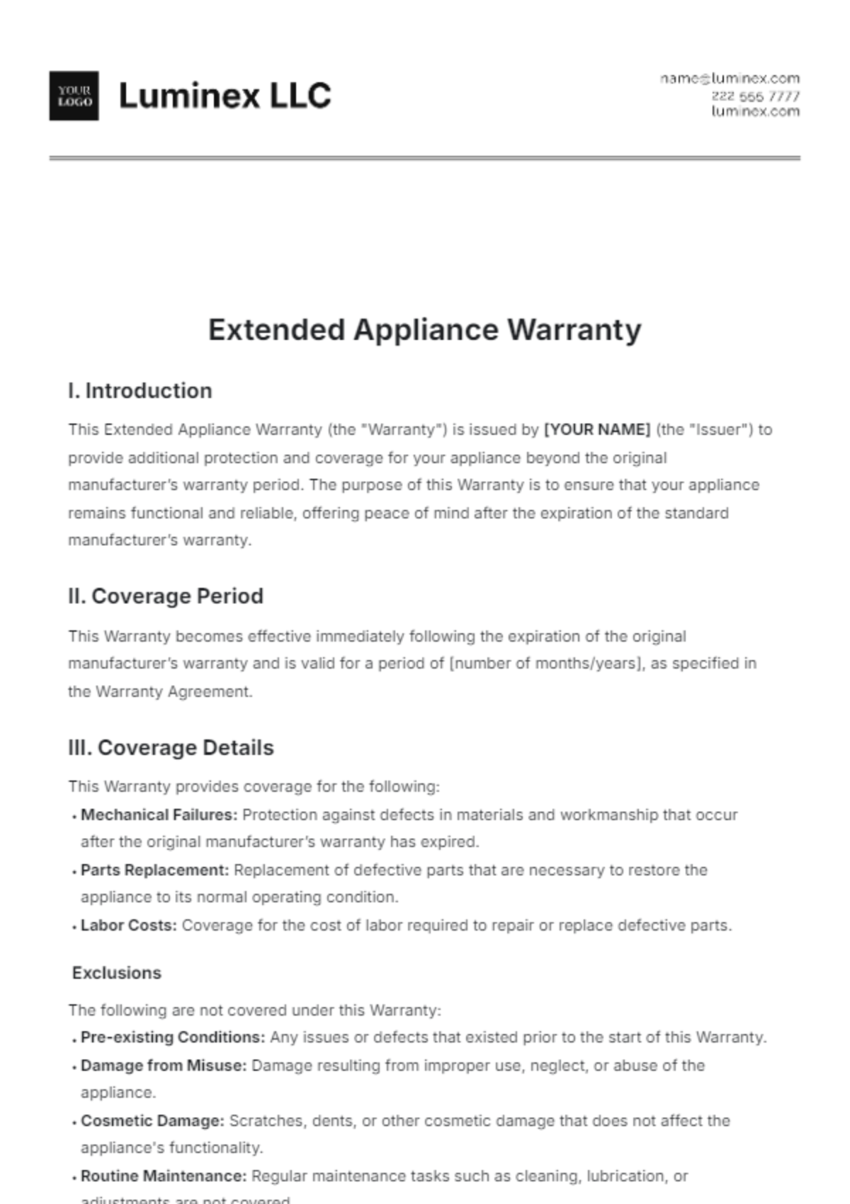 Extended Appliance Warranty Template