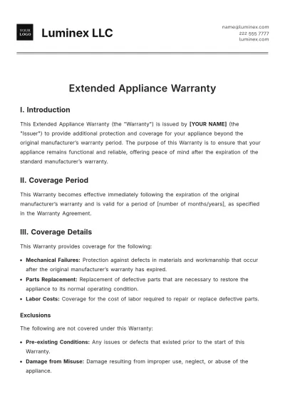 Free Extended Appliance Warranty Template to Edit Online