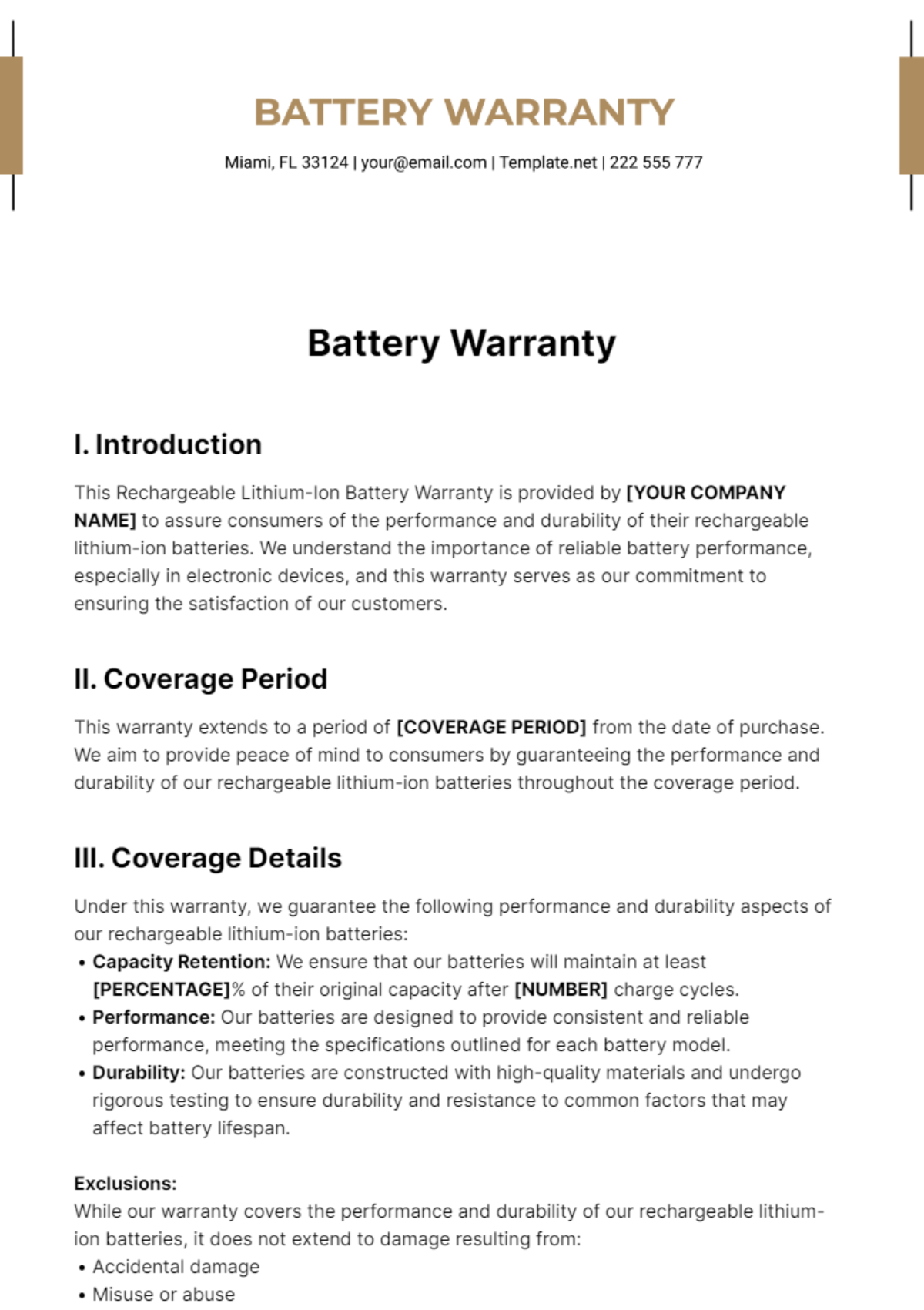 Battery Warranty Template