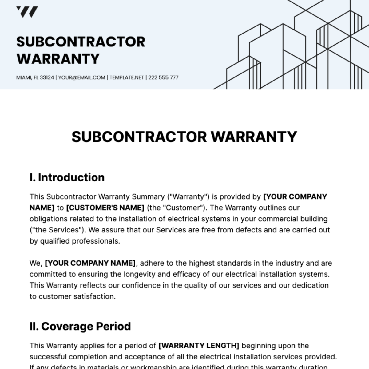 Subcontractor Warranty Template