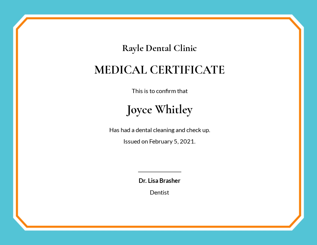 Dental Medical Certificate Sample Template - Google Docs, Word, Publisher