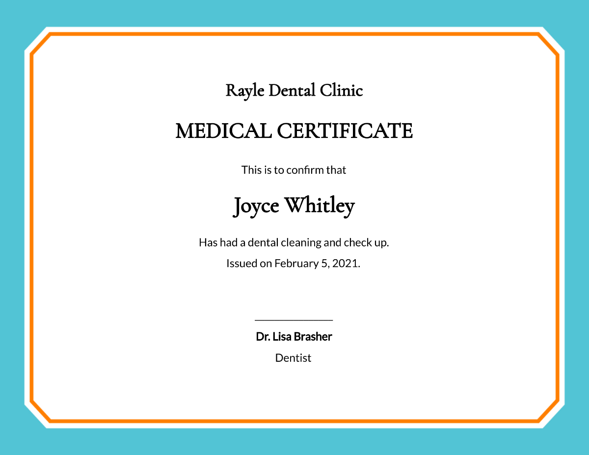 Free Dental Medical Certificate Sample Template
