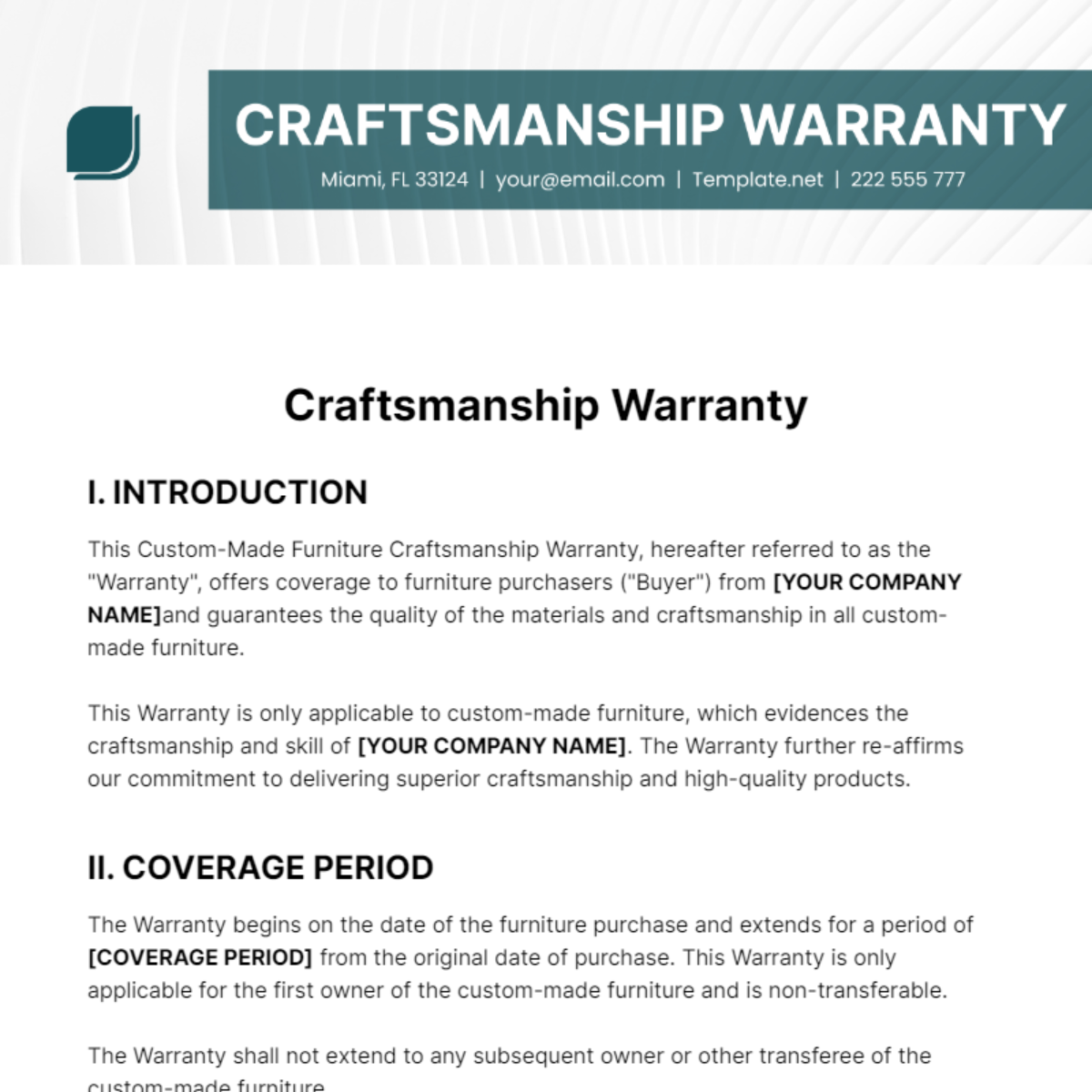 Craftsmanship Warranty Template