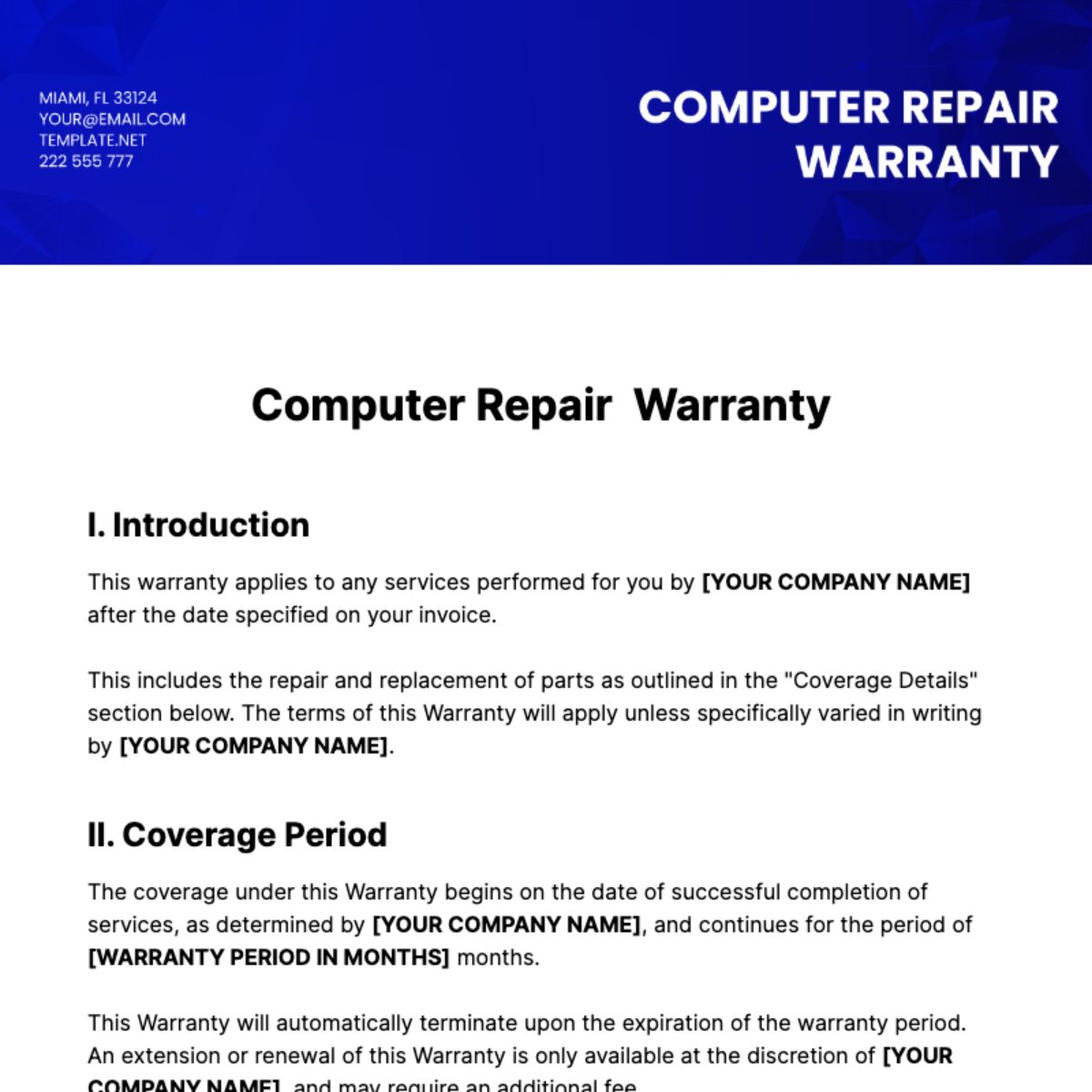 Computer Repair Warranty Template