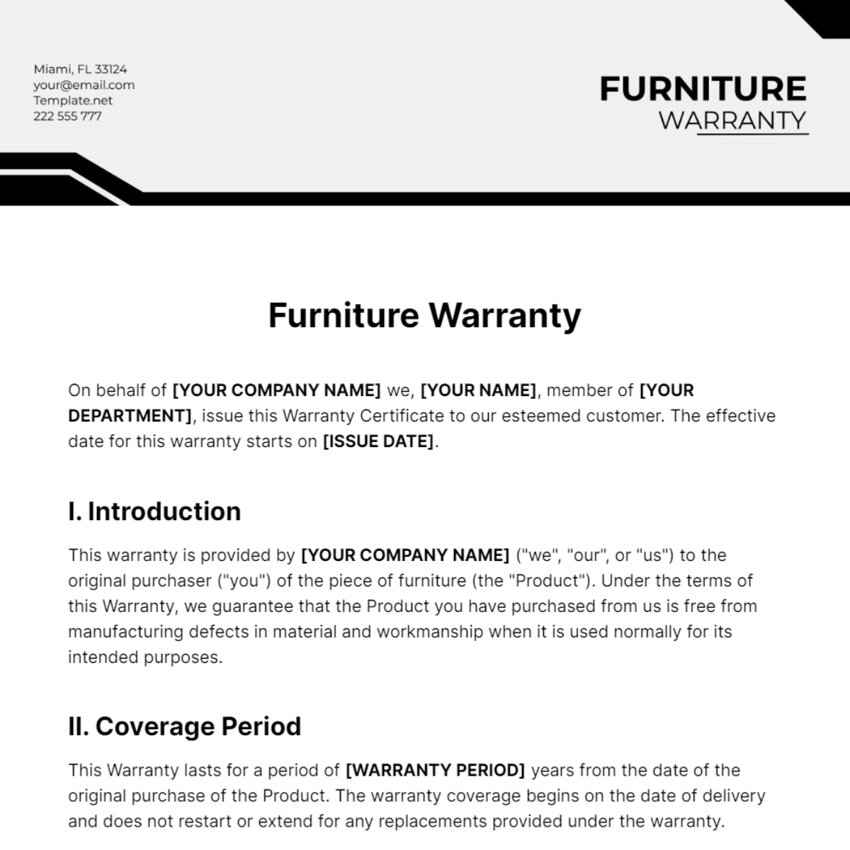Furniture Warranty Template
