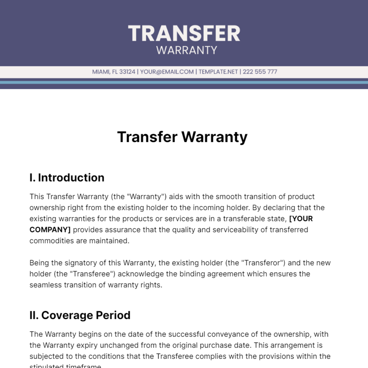 Transfer Warranty Template