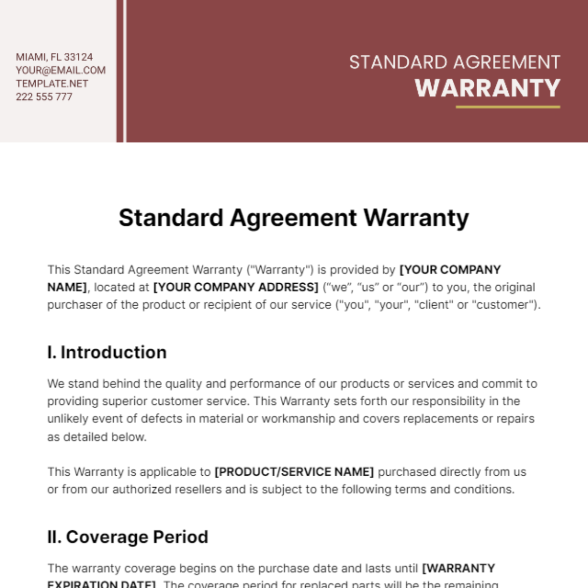 Standard Agreement Warranty Template