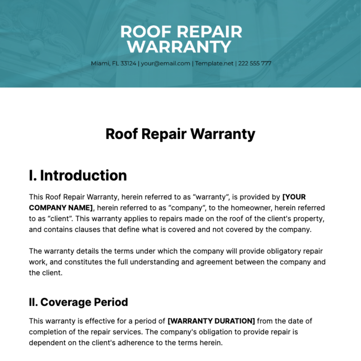 Roof Repair Warranty Template