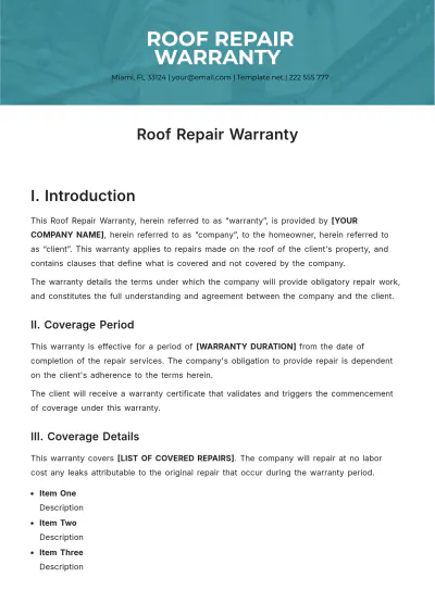 Free Roof Repair Warranty Template to Edit Online