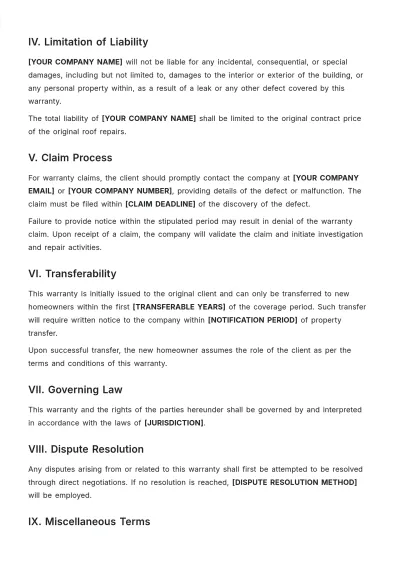 Free Roof Repair Warranty Template to Edit Online