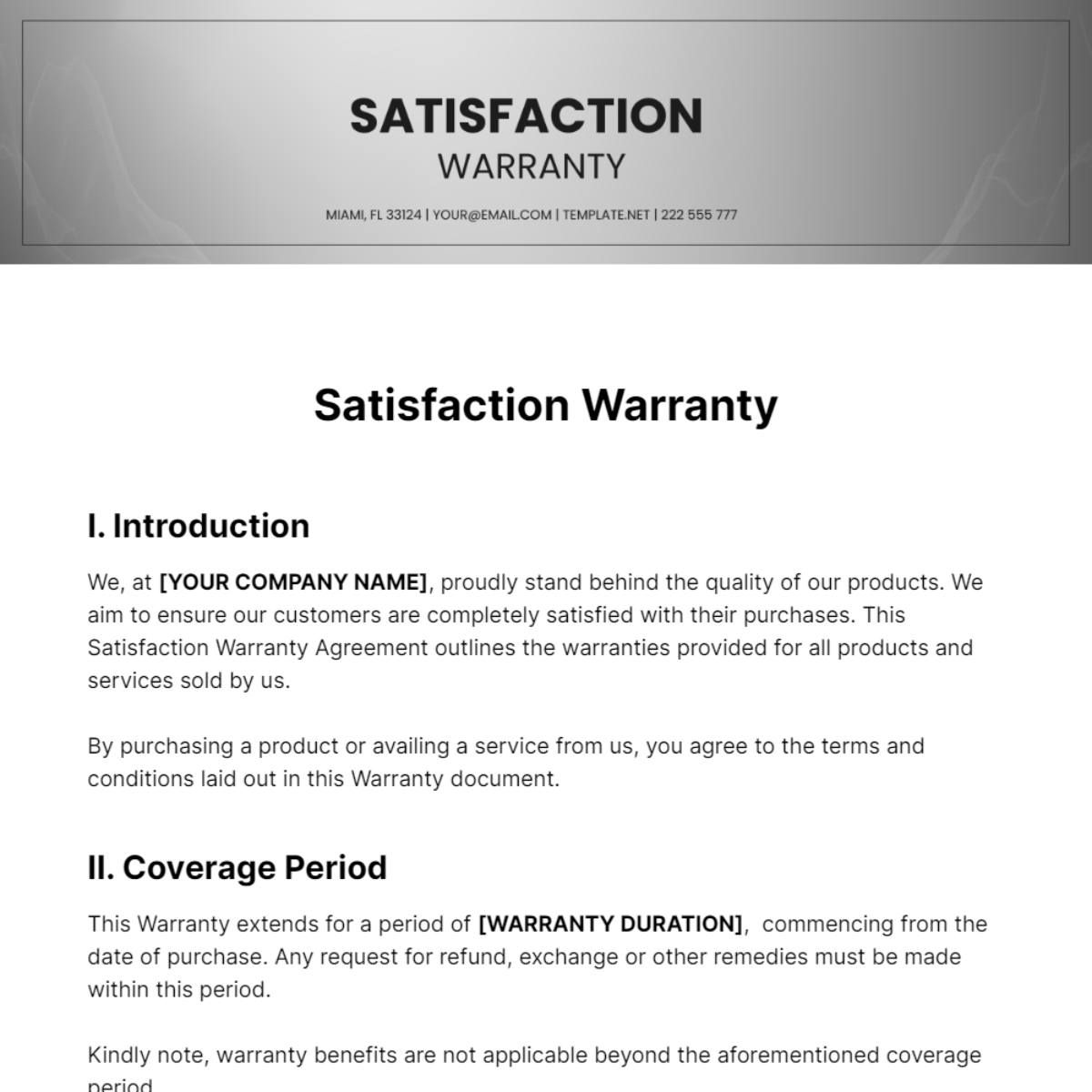Satisfaction Warranty Template