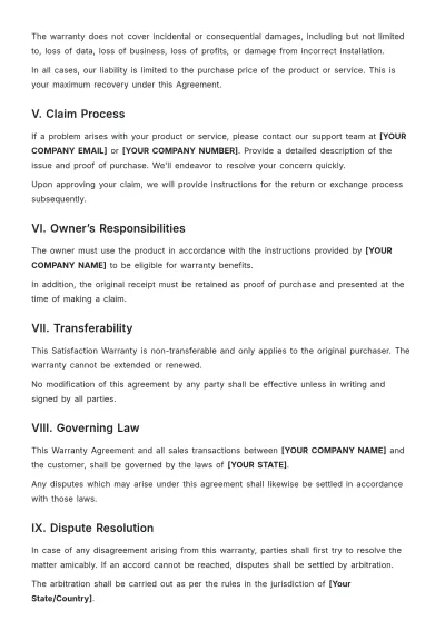 Free Satisfaction Warranty Template to Edit Online