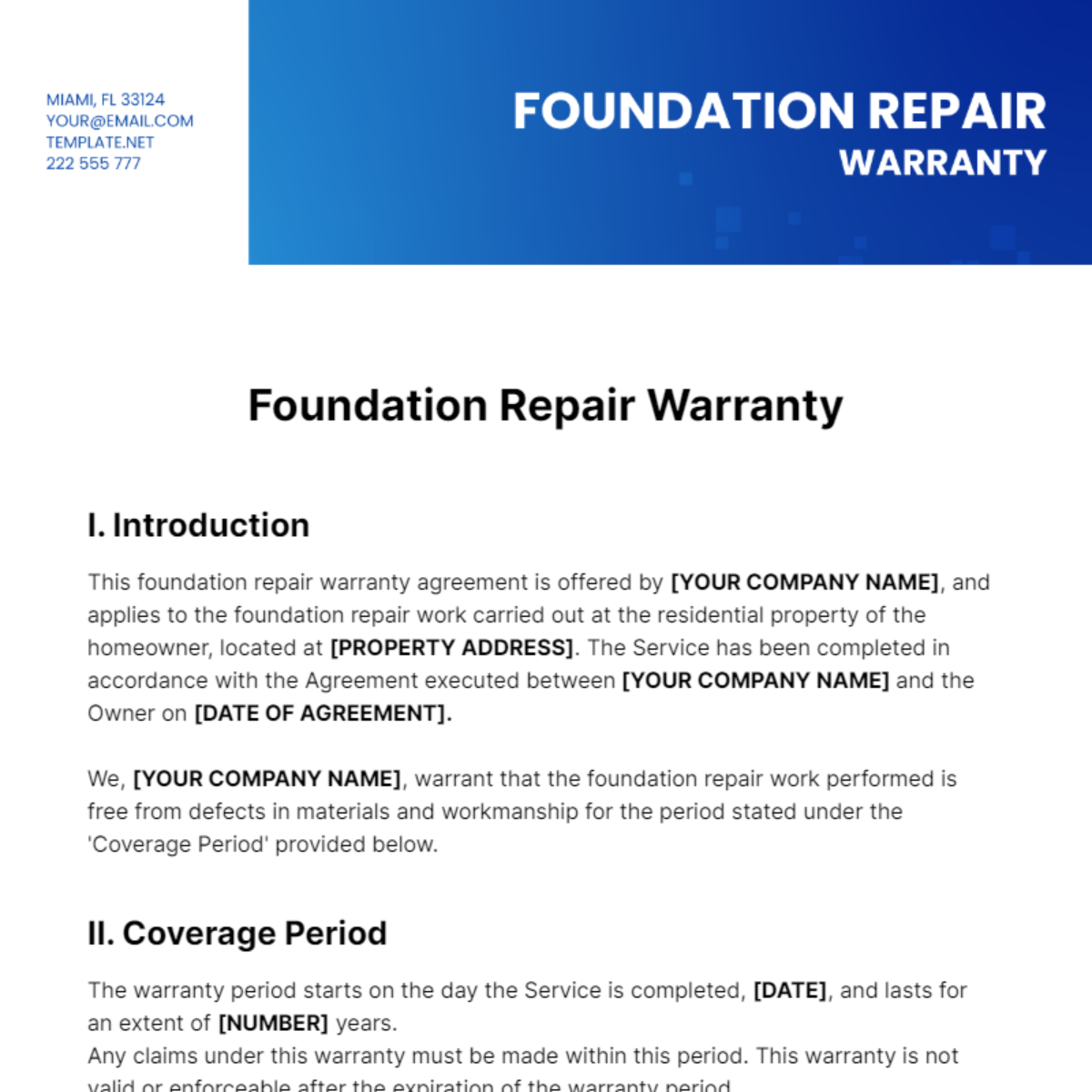 Foundation Repair Warranty Template