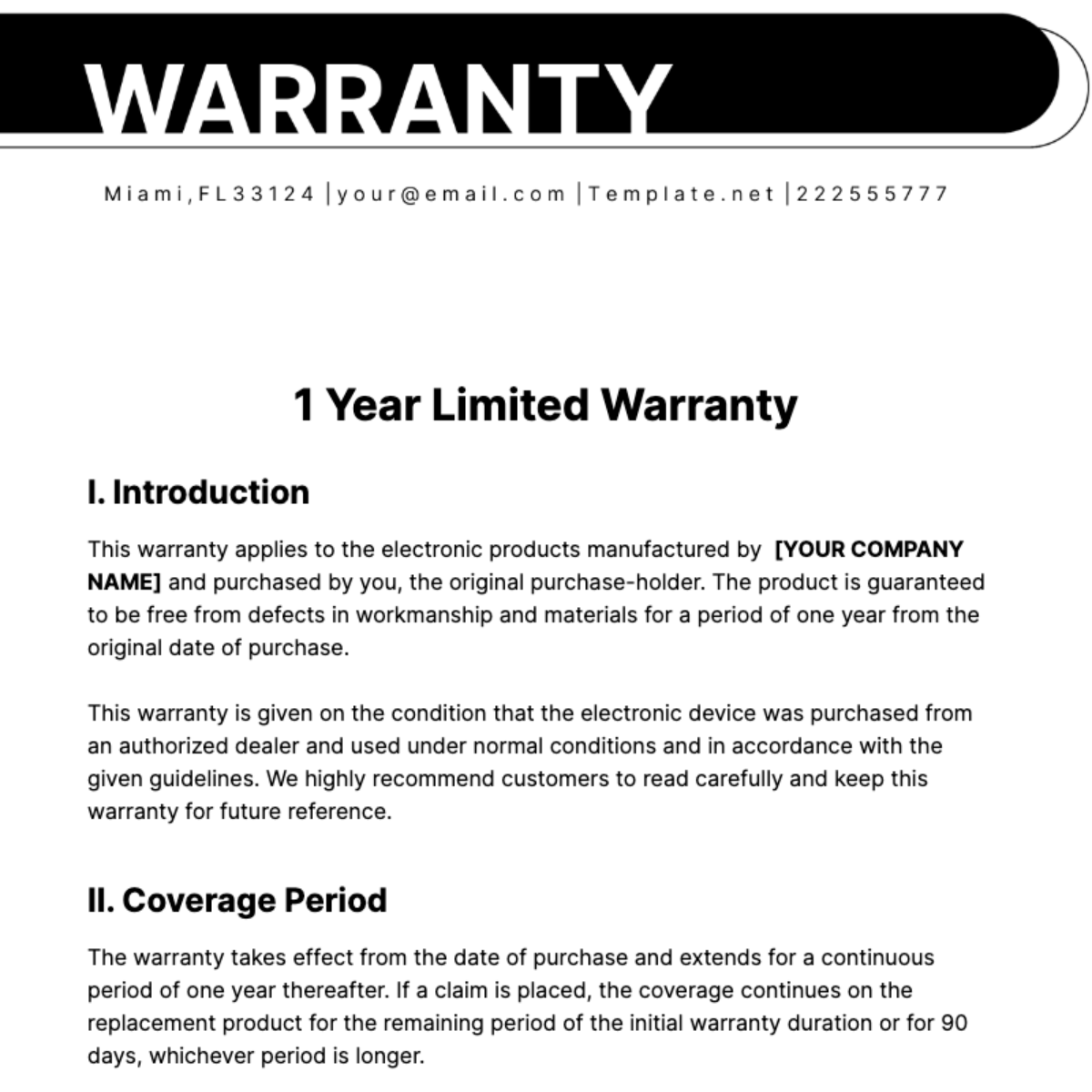 Free 1 Year Limited Warranty Template