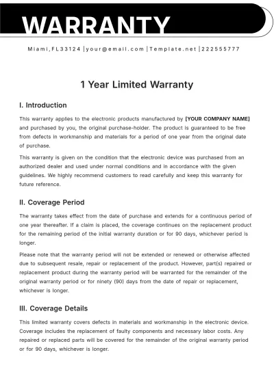 Free 1 Year Limited Warranty Template to Edit Online