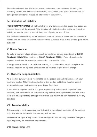 Free 1 Year Limited Warranty Template to Edit Online