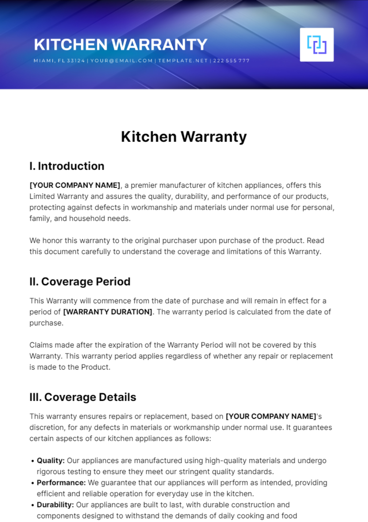 Free Kitchen Warranty Template