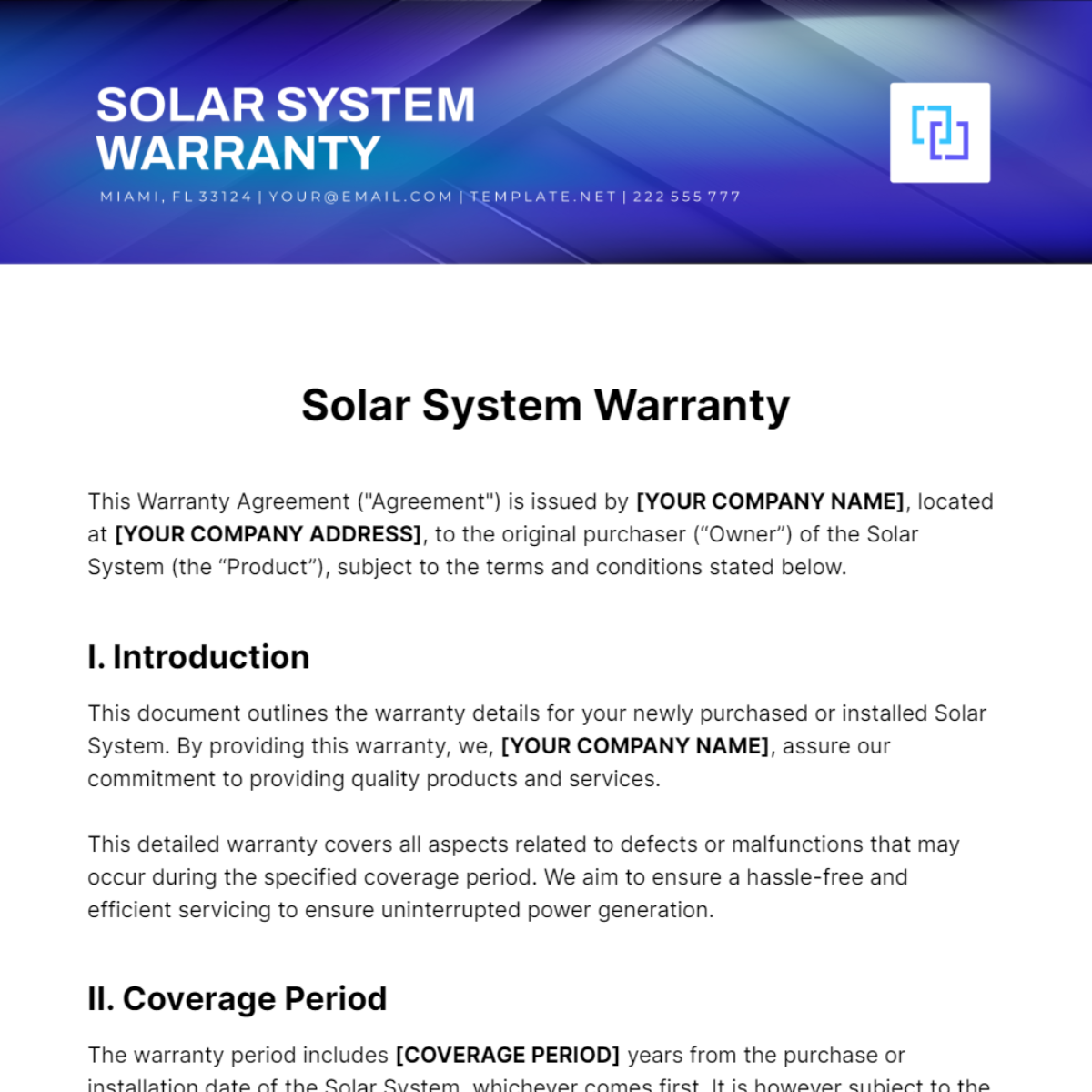 Solar System Warranty Template