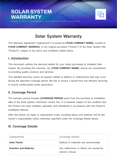 Free Solar System Warranty Template to Edit Online