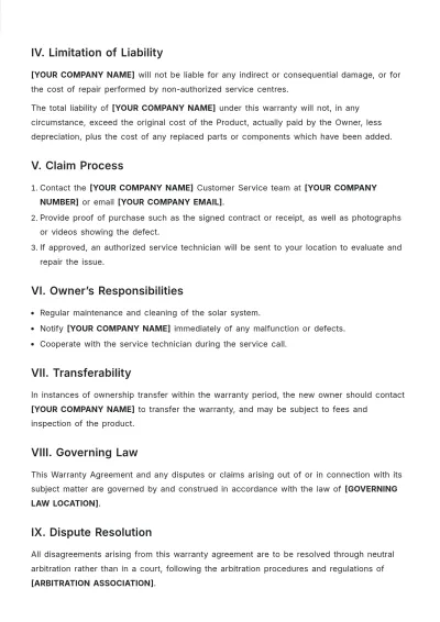 Free Solar System Warranty Template to Edit Online
