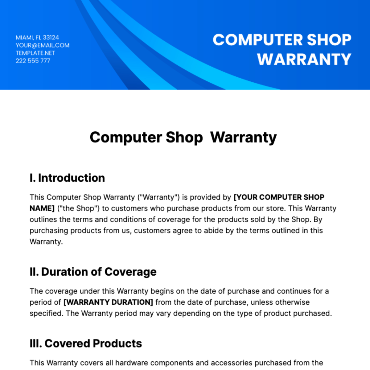Free Computer Shop Warranty Template