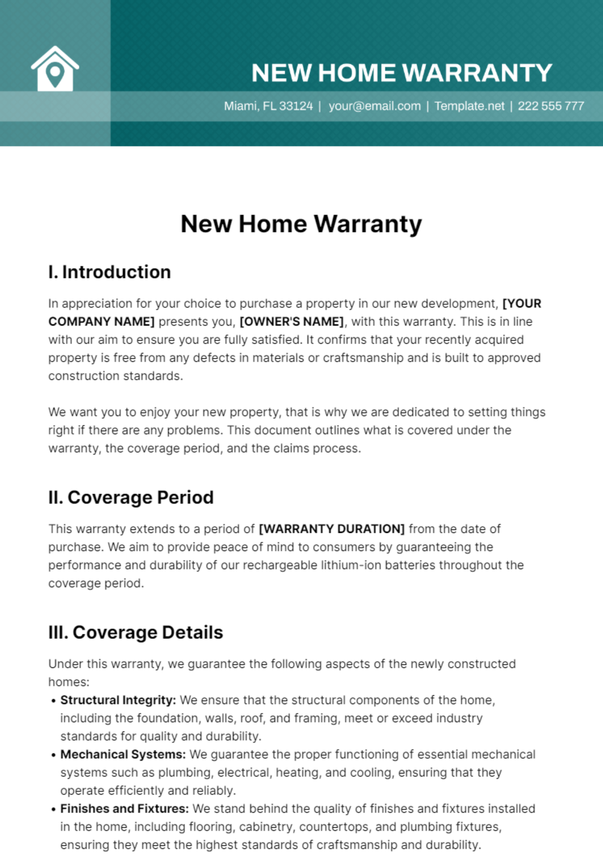 New Home Warranty Template