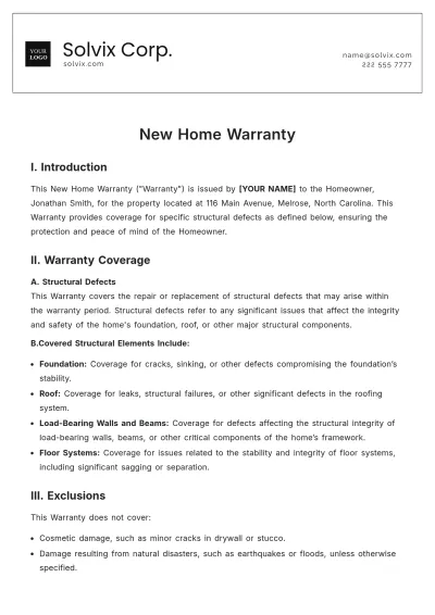 Free New Home Warranty Template to Edit Online