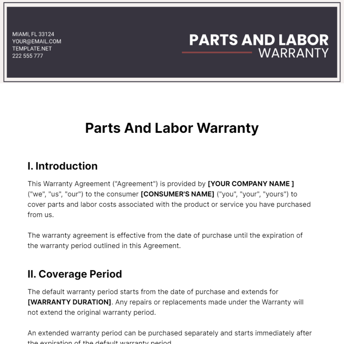 Free Parts And Labor Warranty Template