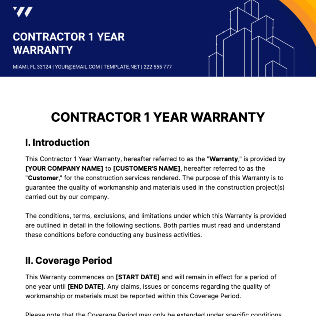 Contractor 1 Year Warranty Template