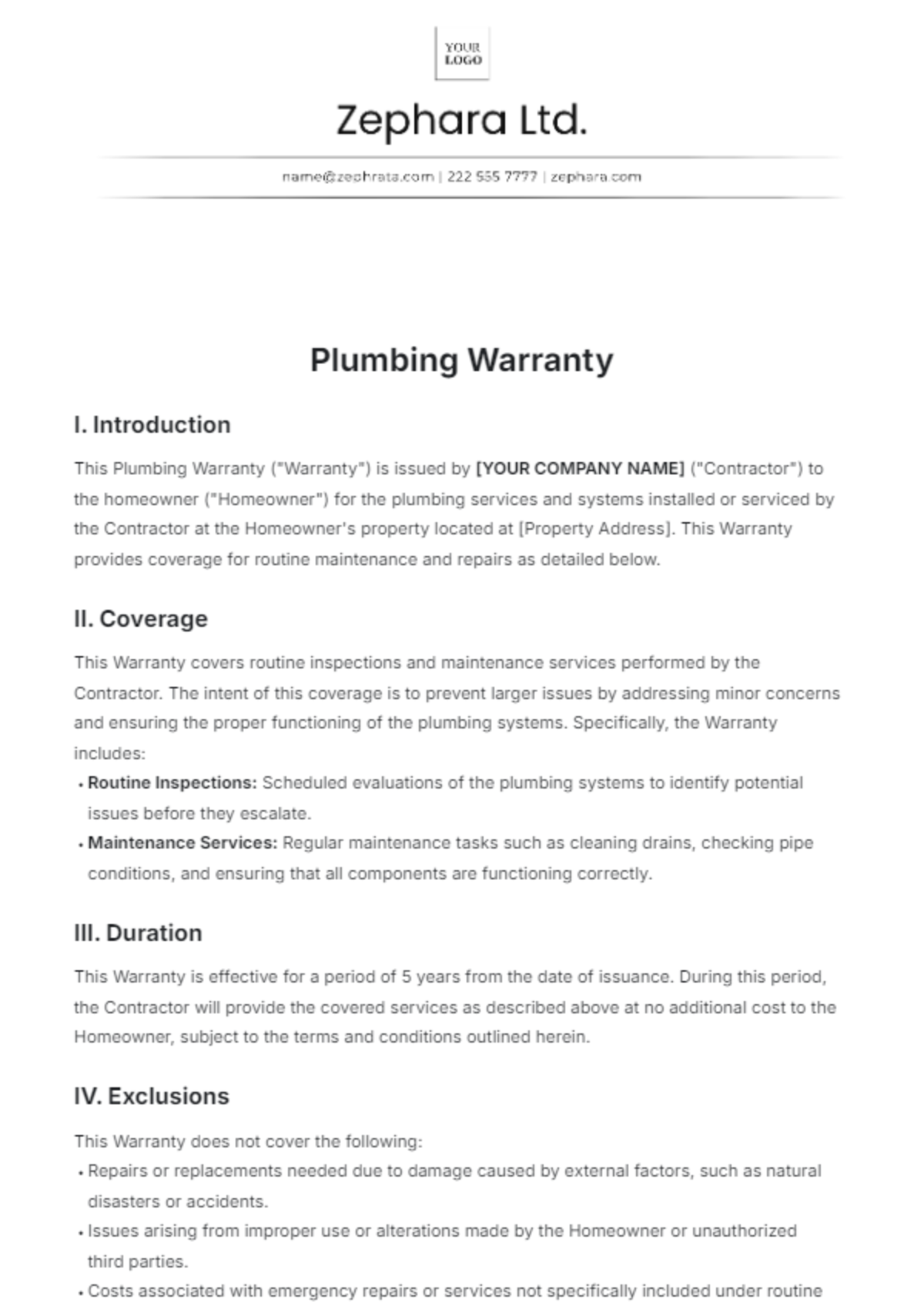 Plumbing Warranty Template