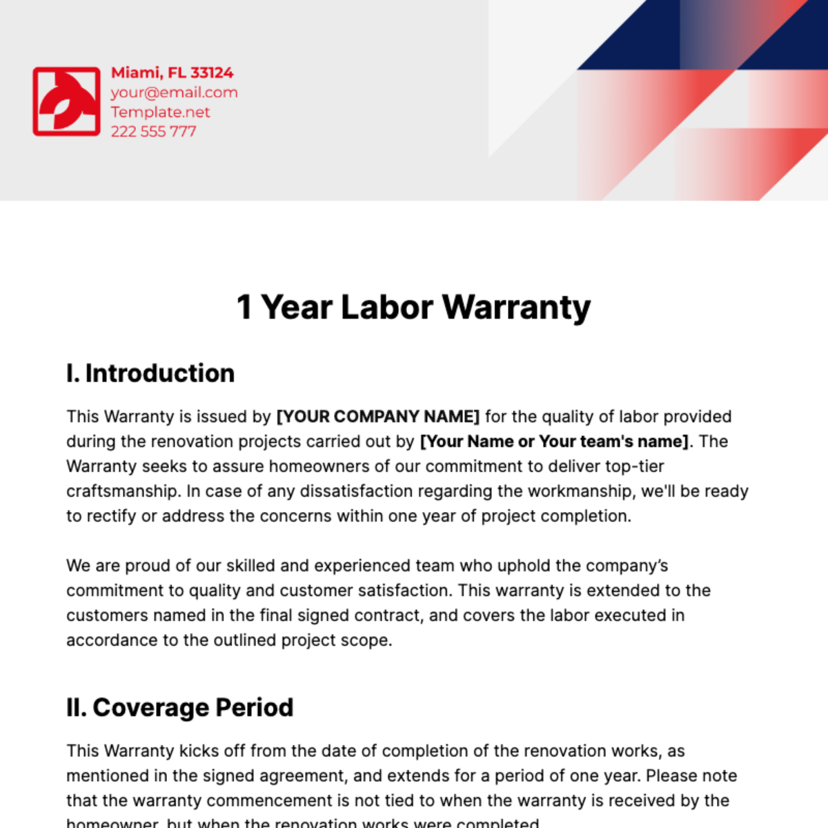 1 Year Labor Warranty Template