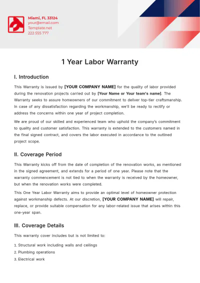 Free 1 Year Labor Warranty Template to Edit Online