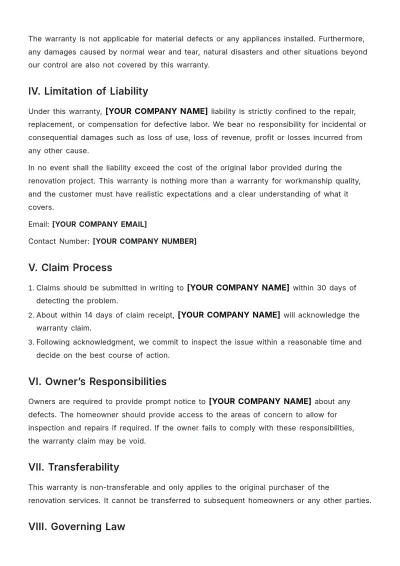 Free 1 Year Labor Warranty Template to Edit Online
