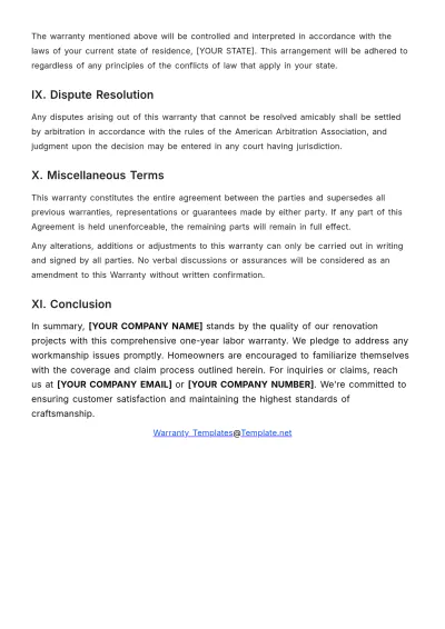 Free 1 Year Labor Warranty Template to Edit Online