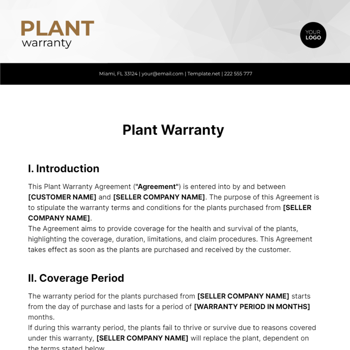 Plant Warranty Template
