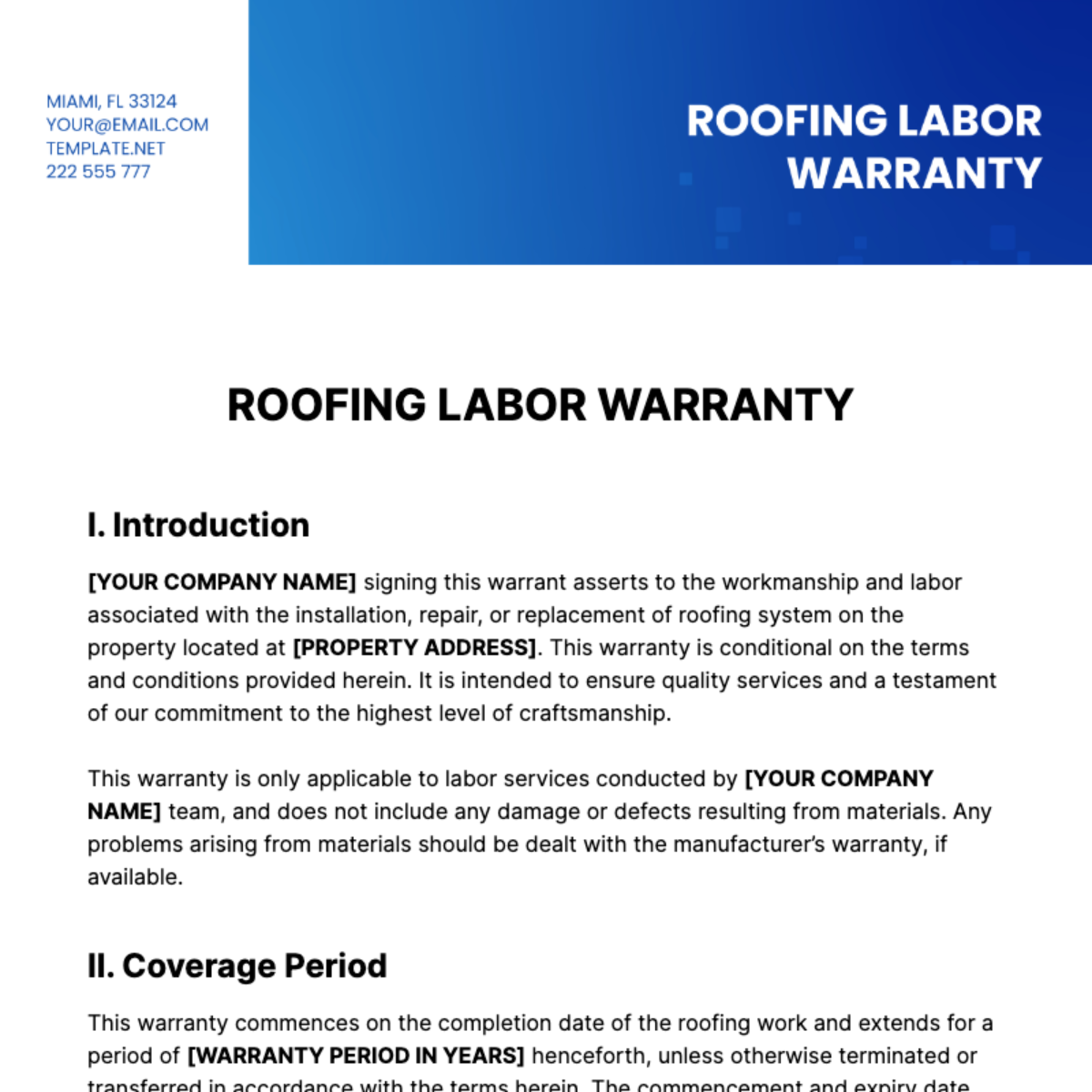 Free Roofing Labor Warranty Template