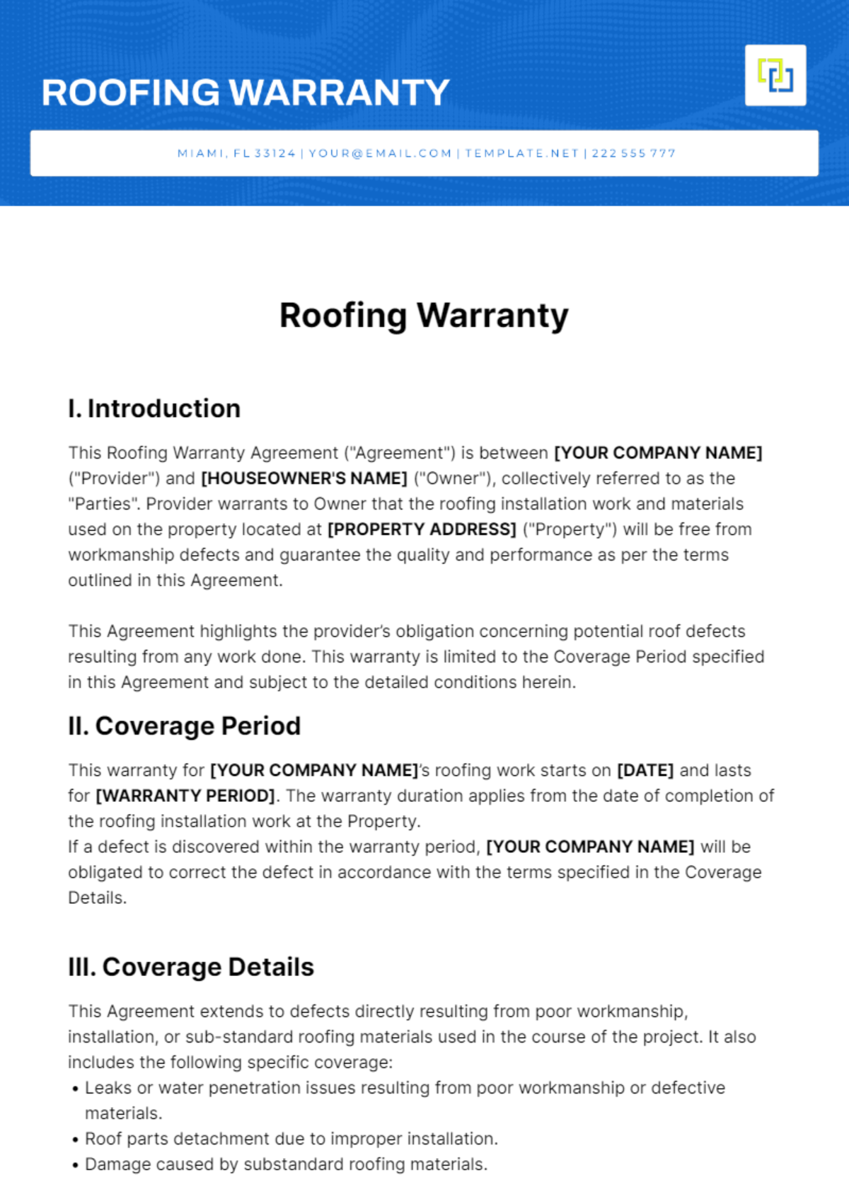 Roofing Warranty Template