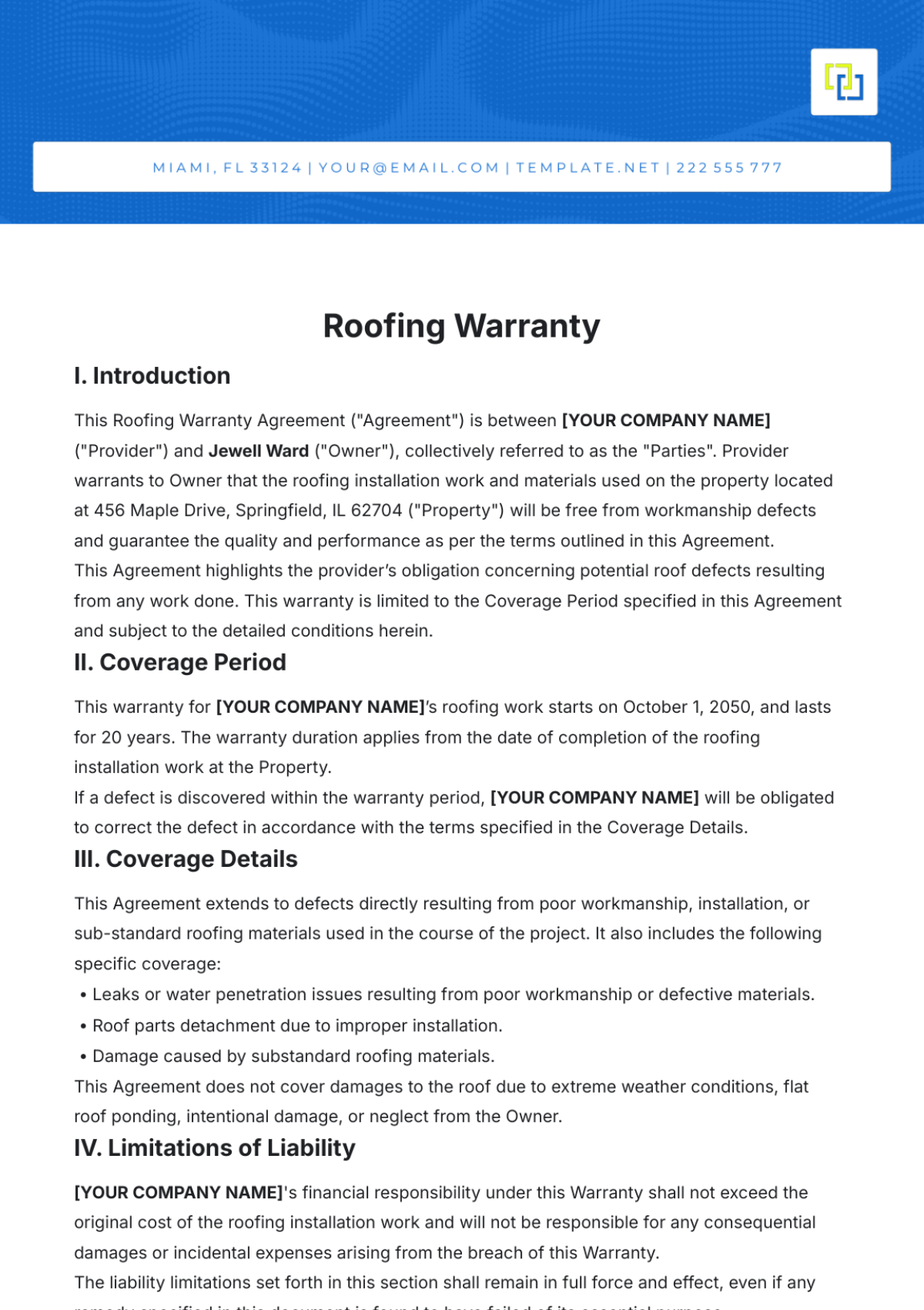 Roofing Warranty Template