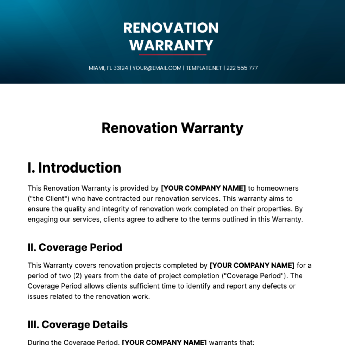 Free Renovation Warranty Template