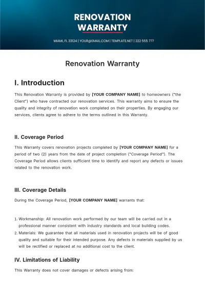 Free Renovation Warranty Template to Edit Online