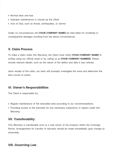 Free Renovation Warranty Template to Edit Online