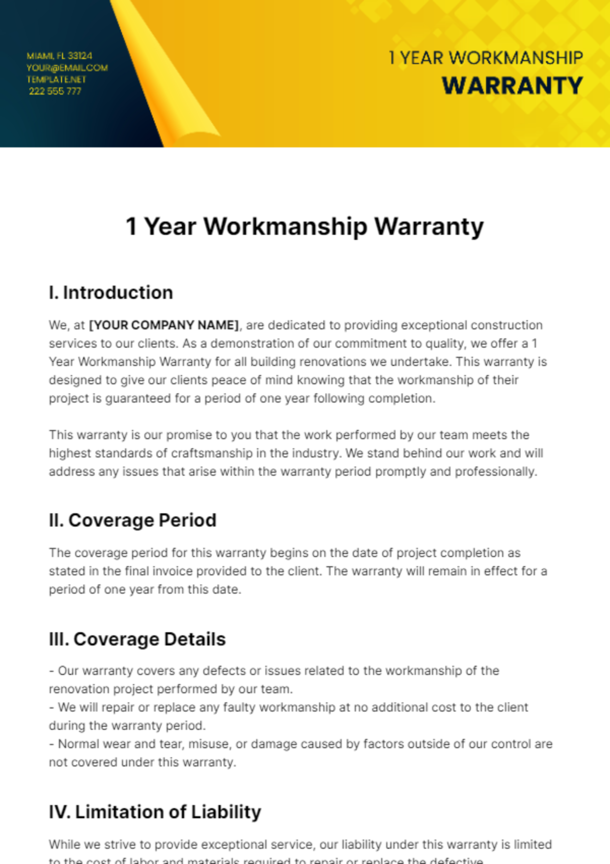 1 Year Workmanship Warranty Template