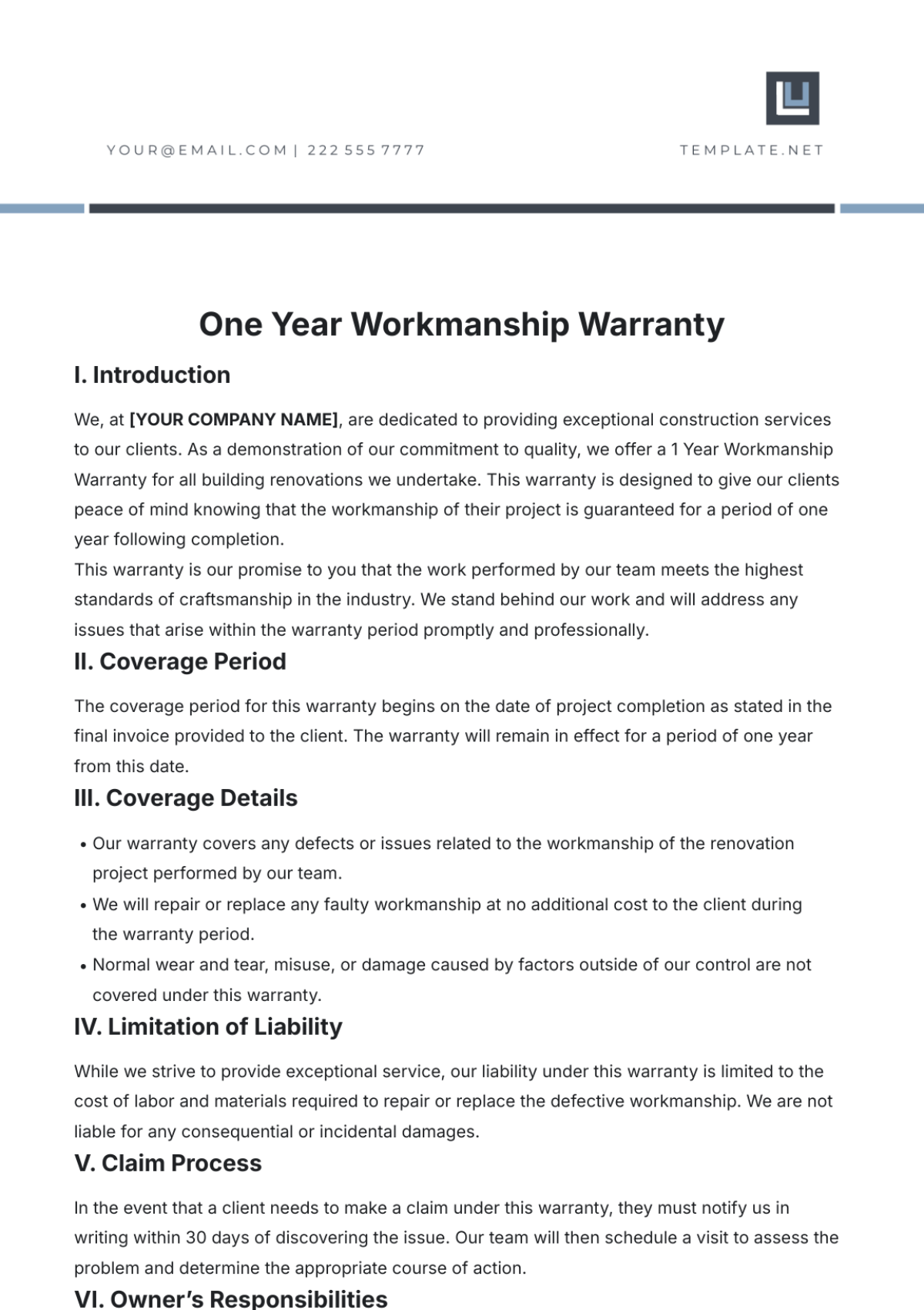 One Year Workmanship Warranty Template