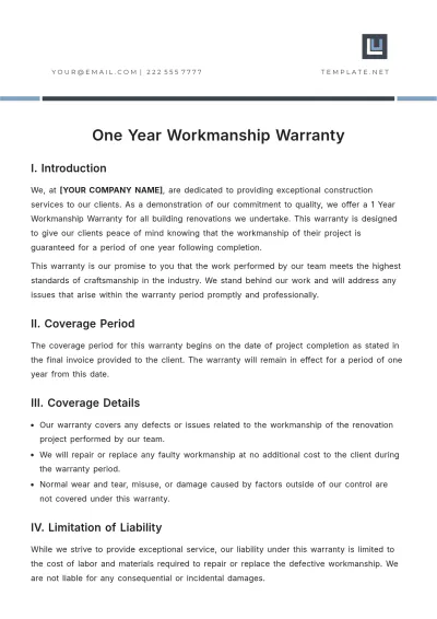 Free One Year Workmanship Warranty Template to Edit Online
