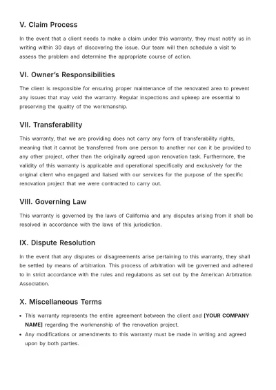 Free One Year Workmanship Warranty Template to Edit Online