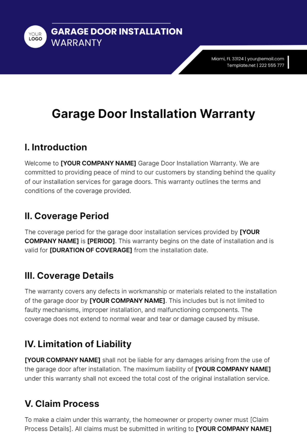 Garage Door Installation Warranty Template